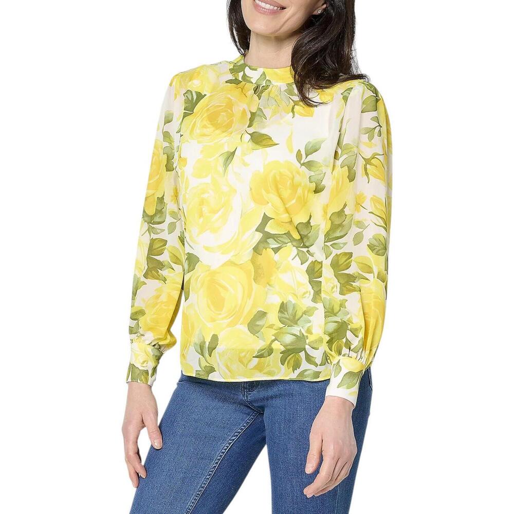 Mally Roncal Women's Printed Chiffon Sweetheart Blouse Yellow Rose - Regular